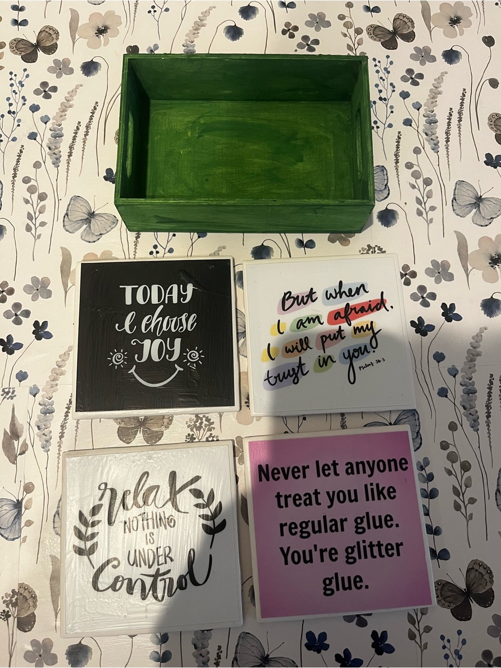 Green Wooden Box with Inspirational Quote Tiles